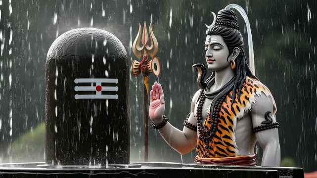 Lord shiva statue with lingam in the rain, embodying spirituality, faith, and devotion in hinduism, india, and indian culture, with a serene and meditative presence