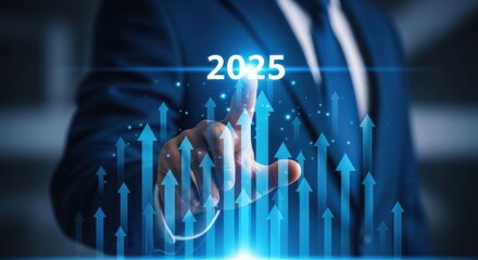 Businessman s hand interacting with futuristic digital display showing upward growth arrows and the year 2025