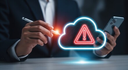 Cybersecurity professional analyzing a digital cloud icon with a warning symbol indicating a potential data breach or system alert