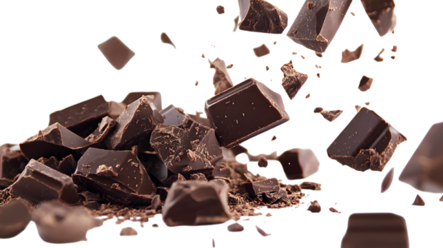 A pile of chocolate crumbs is scattered on a white background. Concept of chaos and destruction, as the chocolate pieces are broken and scattered in various directions. Scene is one of disorder