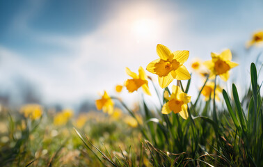 Obraz premium yellow daffodils in the grass, blue sky with sun rays, high-resolution photography, spring, flower, daffodil, narcissus