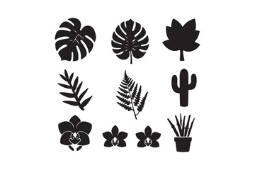 Collection of black silhouette tropical plant and cactus icons