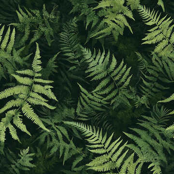 Lush green ferns arranged in a seamless organic pattern  