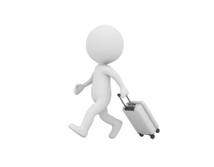 Man with a suitcase walking on a white background, 3d rendering
