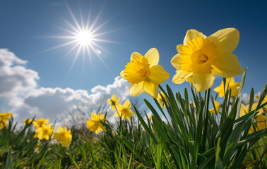 Fototapeta premium yellow daffodils in the grass, blue sky with sun rays, high-resolution photography, spring, flower, daffodil, narcissus