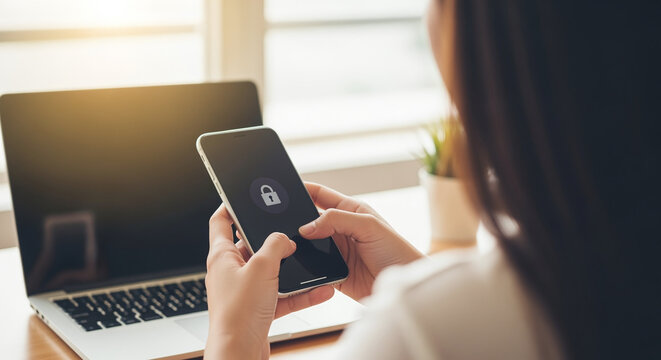 Phishing, mobile phone hacker or cyber scam concept. Password and login pass code in smartphone. Online security threat and fraud. Female scammer with cellphone and laptop. Bank account security