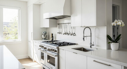 Fototapeta premium Chic modern kitchen with orchid and stainless steel appliances