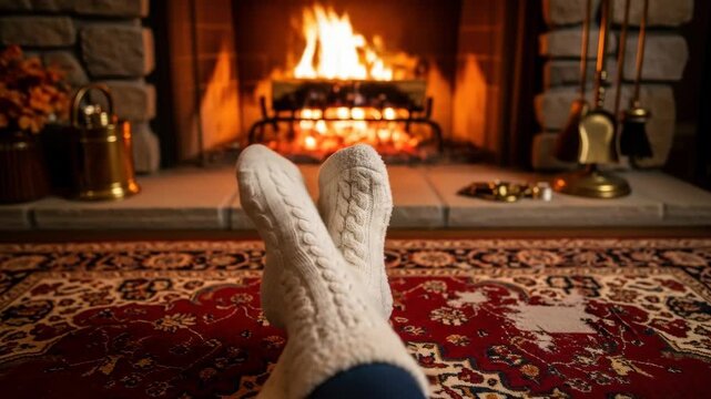 Cozy fireside relaxation with warm socks and crackling hearth ambiance