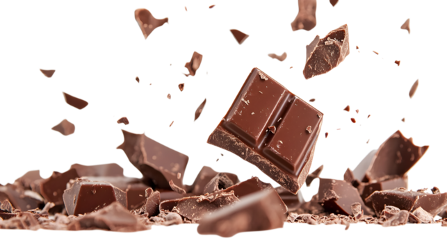 A chocolate bar has been broken into pieces and is scattered on a white background. Concept of messiness and chaos, as the chocolate crumbs are everywhere