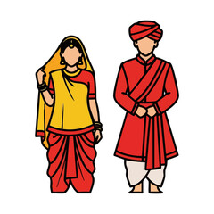 Naklejka premium Rajasthani Ghagra Odhani Angrakha Couple Vector - Traditional Folk Cultural Logo Design