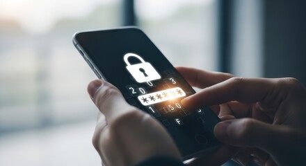 Person s hand holding a smartphone displaying a secure login screen with a padlock icon and password input field