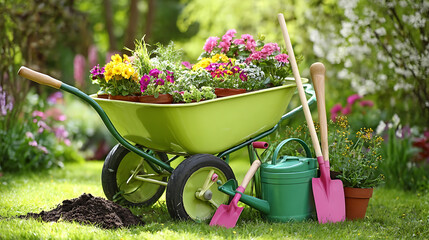 Vibrant garden cart filled with colorful blooming plants and essential gardening tools wheelbarrow