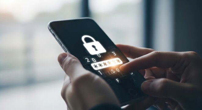 Person s hand holding a smartphone displaying a secure login screen with a padlock icon and password input field