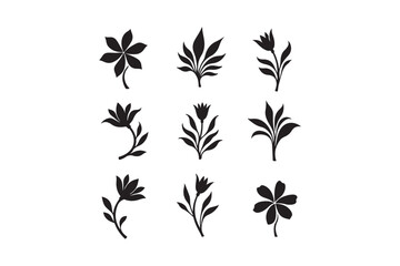 Collection of delicate black floral silhouettes on white background
