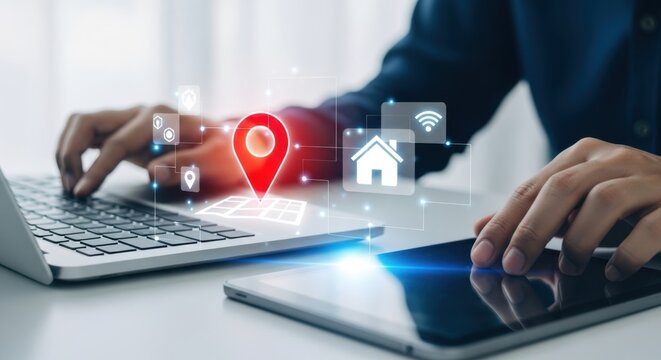 Hands typing on a laptop and smartphone with digital location pins and interface elements representing connectivity and data