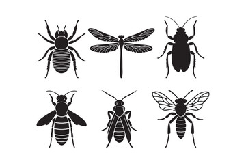 Collection of black silhouette insects on white background