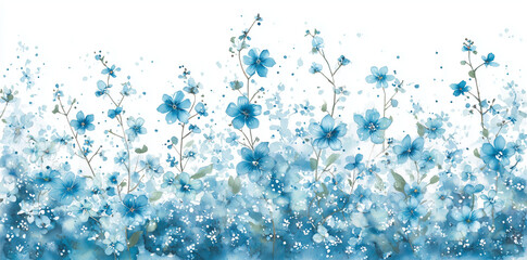 Blue watercolor background features floral texture with paint spatter. Suitable for digital design, web templates, and watercolor-themed branding projects.