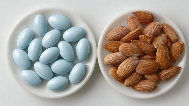Comparison of magnesium oxide tablets and whole almonds on glossy white plates