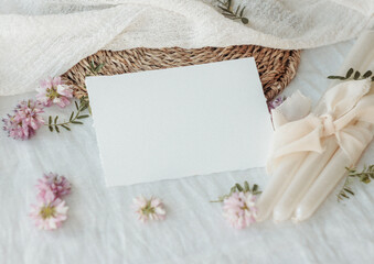 Blank Card Mockup with Pastel Candles and Flowers