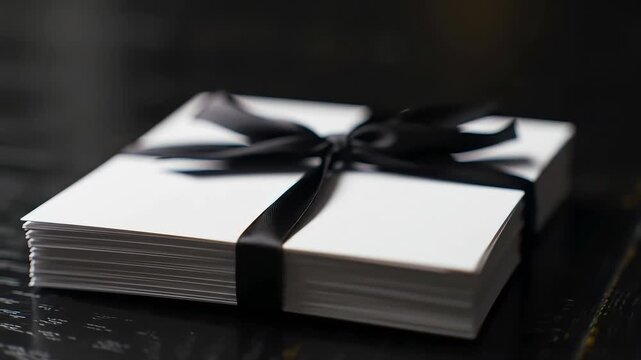 Black-ribboned papers stack on dark wood; blurred background; stationery
