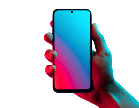 Person’s hand gripping phone with dual-tone blue and red backdrop, transparent background