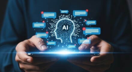 Illuminated artificial intelligence head symbol emanating futuristic data streams over a smartphone display held by hands