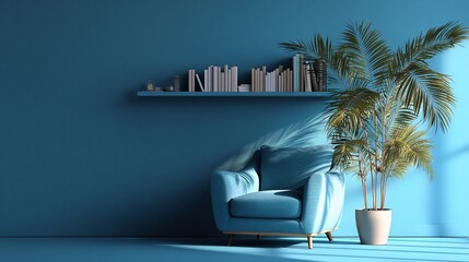 Serene blue room featuring armchair, plant, bookshelf in calming light