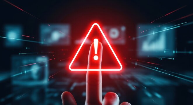 Digital warning signage illuminated red exclamation point within triangle symbolizing cyber threat alert