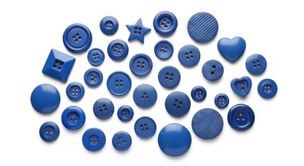 blue buttons in various shapes and sizes scattered on a solid white background