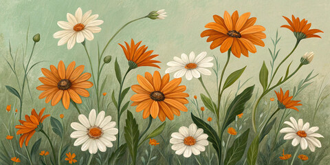 Textured Wildflower Painting with Orange and White Blooms
