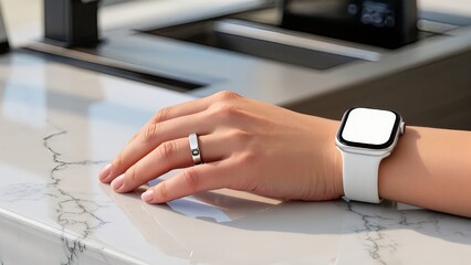 A close-up shot of a hand wearing a smart ring and a smartwatch with a blank screen, highlighting wearable technology and connectivity.