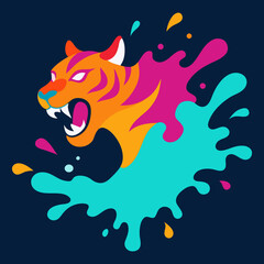 Vector art illustration of a tiger and a dynamic splash of multicolor