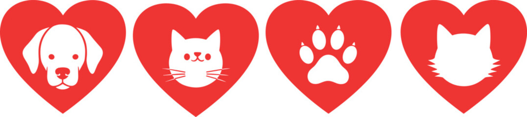 Red hearts with pet silhouettes, dog face, cat face, paw print, animal love, white icons, cute design, pet affection, minimalist art