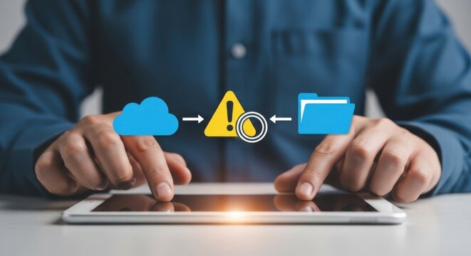 Person using a tablet displaying a digital warning symbol between cloud storage and a file folder icon signifying data transfer concerns