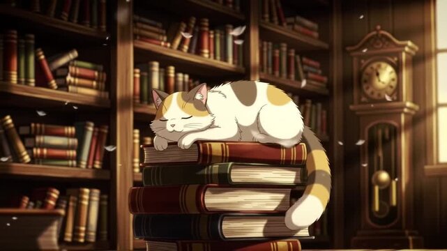 Sleeping cat on stack of books in cozy library with Anime scenery and warm lighting