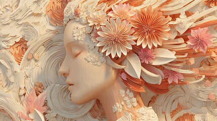 Serene face of a woman intertwined with delicate paper flowers