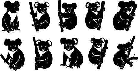 Cute Koala Bear Silhouettes:  A Collection of Vector Illustrations, Perfect for Children's Books, Logos, and Branding Designs.