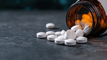 Pills spill from medicine bottle for healthcare treatment