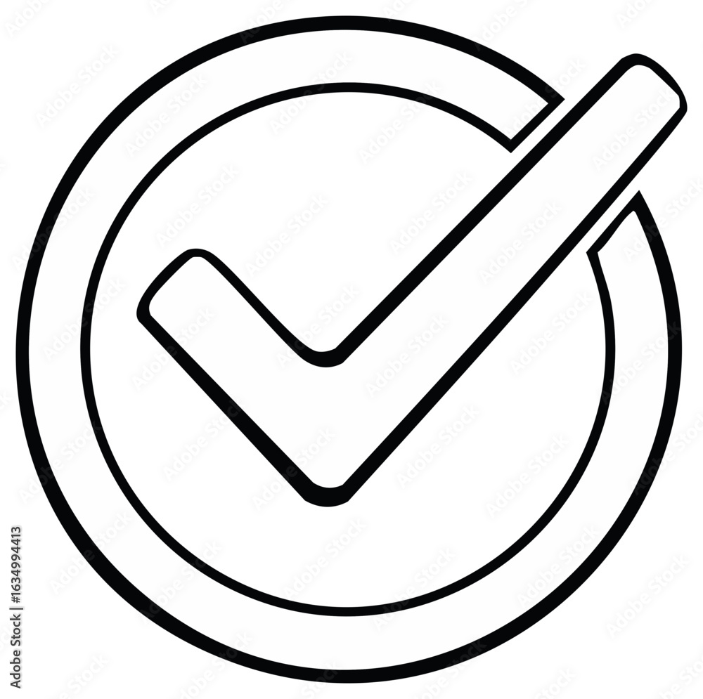 Aufkleber black and white check mark icon inside a circle representing approval validation completion and succ