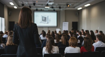 Female speaker giving a talk on corporate business conference. Unrecognizable people in audience at conference hall. Business and Entrepreneurship event
