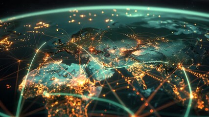 3D Visualization of Global Shipping Lanes and Flight Paths Illuminated Over a Dark Earth