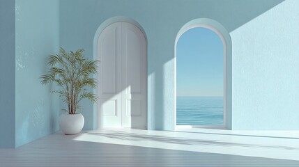 Serene interior with arched elements, ocean view, and potted plant
