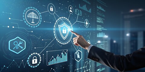 A person interacting with a futuristic, holographic dashboard over a city skyline at night