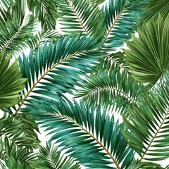 Lush teal and green palm fronds overlap on a white background, creating a vibrant tropical pattern