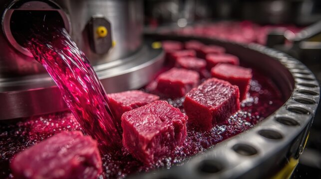 Stainless-steel grinder processes pork with sodium nitrite solution in Guadalajara