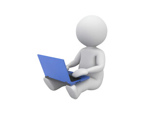 Little 3d humanoid figure sitting and using blue laptop computer