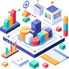 Corporate infographic background with isometric 3D charts and data points over white canvas.