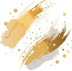 Abstract artistic background with hand-drawn brush strokes, ink splashes, and golden foil textures on soft white surface.