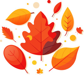 Flat minimal autumn background with falling orange and red leaves on white, paper cut style.