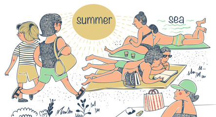 People sunbathing on the beach in cartoon style. Vector illustration.